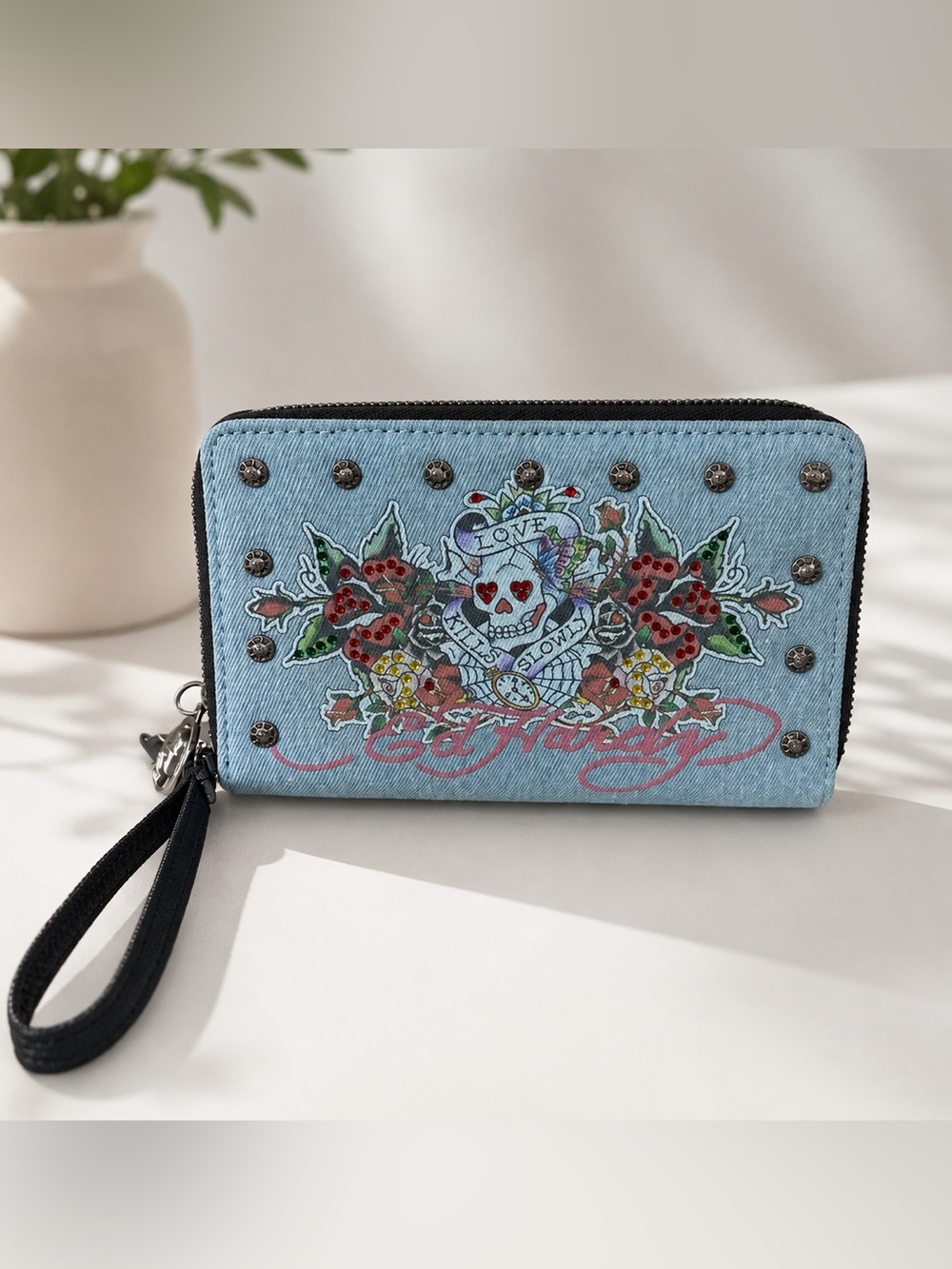 Ed Hardy Light Blue Denim Skull & Roses Wristlet Wallet
